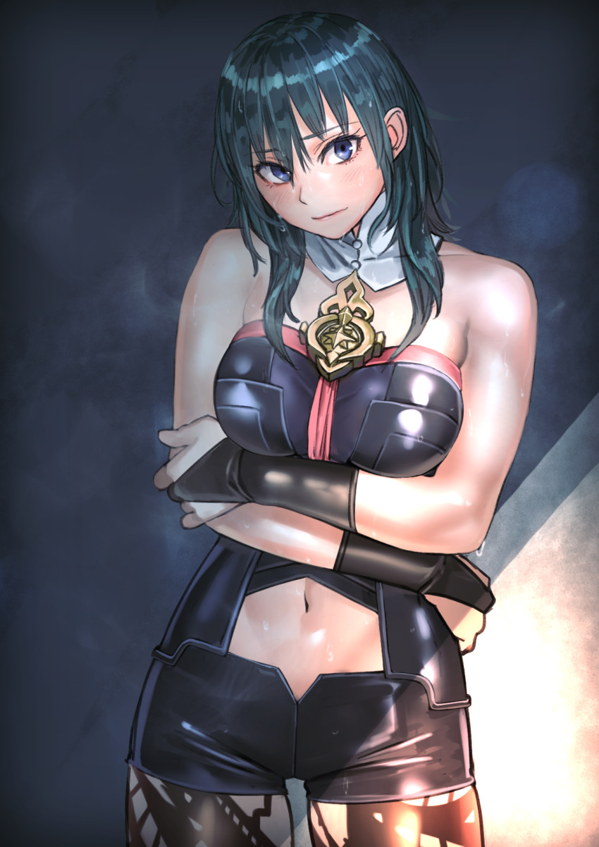 1girl aqua_hair arms_under_breasts bare_shoulders blue_eyes breasts bridal_gauntlets byleth_(fire_emblem) byleth_eisner_(female) collarbone detached_collar embarrassed fire_emblem fire_emblem:_three_houses highres jewelry kilye_4421 long_hair looking_at_viewer navel necklace shorts solo torn_clothes torn_legwear
