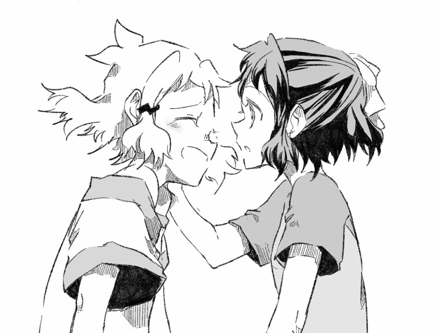 2girls blush bow closed_eyes commentary_request greyscale hair_bow hair_ornament hairclip kohinata_miku looking_at_another monochrome multiple_girls open_mouth senki_zesshou_symphogear shirt short_hair smile tachibana_hibiki_(symphogear) tnr_niwa28 touching upper_body