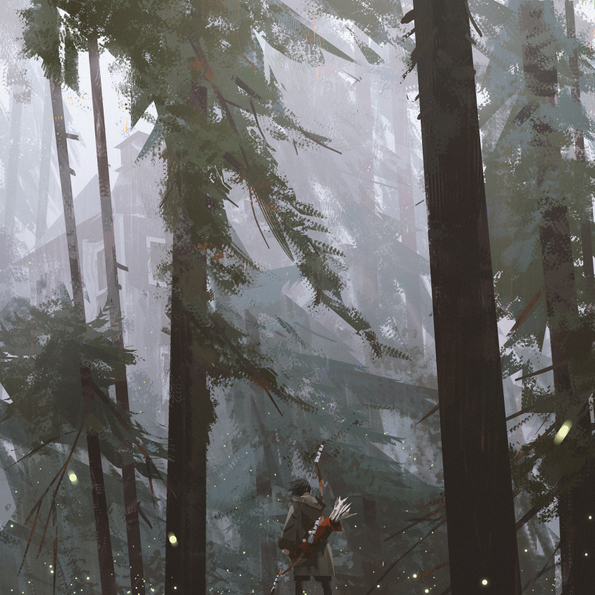1girl arrow_(projectile) black_hair black_legwear black_shorts bow_(weapon) building coat english_commentary forest from_behind grey_coat highres hood hood_down hooded_coat long_sleeves nature original outdoors pantyhose short_hair shorts solo standing sunlight tree weapon yun_ling