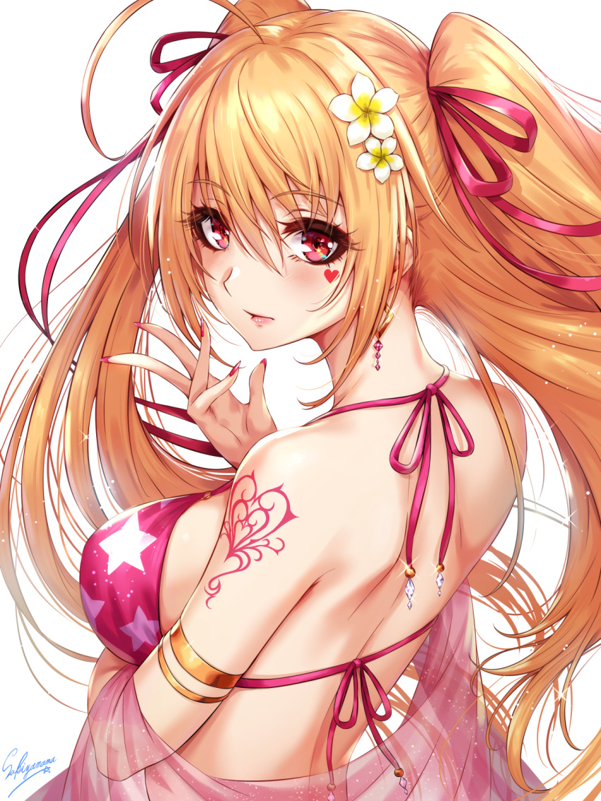 1girl ahoge armlet artist_name bangs bare_shoulders bikini blush breasts closed_mouth commentary_request earrings eyebrows_visible_through_hair facial_tattoo flower hair_flower hair_ornament hair_ribbon heart heart_tattoo highres jewelry large_breasts long_hair looking_at_viewer original pink_bikini pink_lips pink_nails red_eyes ribbon sakiyamama shawl shoulder_tattoo signature simple_background solo star_(symbol) star_print swimsuit tattoo twintails very_long_hair white_background
