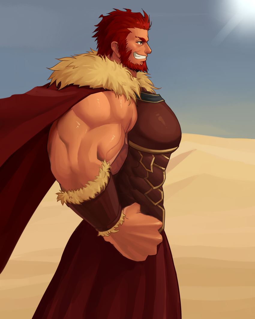 1boy absurdres armor bara beard cape chest facial_hair fate/grand_order fate/zero fate_(series) hand_on_hip highres iskandar_(fate) leather male_focus manly muscle pectorals red_eyes redhead smile solo upper_body xianyusamuel