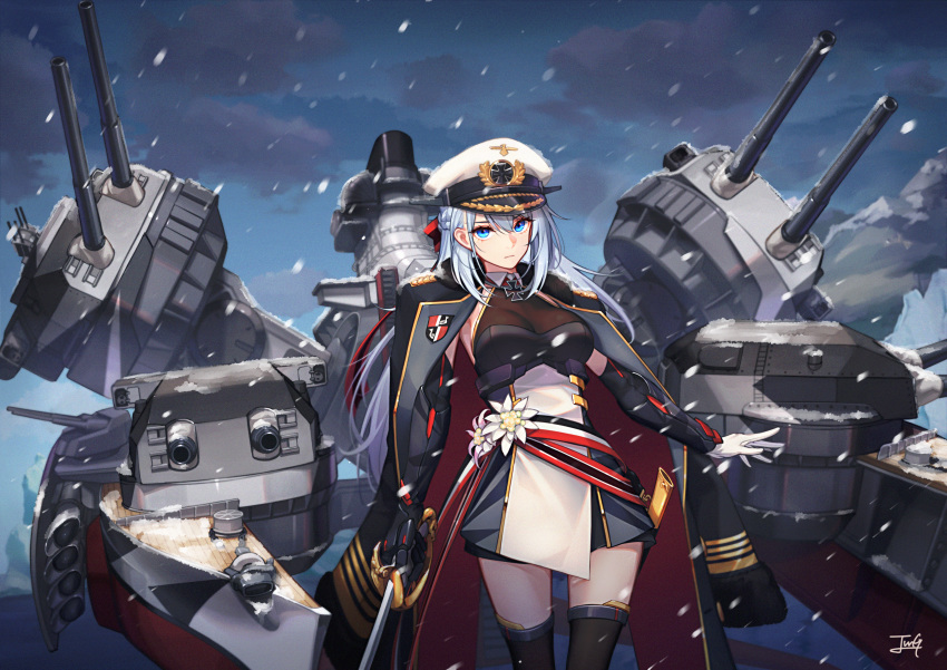1girl absurdres baek_hyang bangs blue_oath braid breasts coat coat_on_shoulders dress elbow_gloves gloves hair_between_eyes hair_ribbon hat highres holding holding_sword holding_weapon huge_filesize large_breasts long_hair long_sleeves looking_at_viewer military military_coat military_hat military_uniform original peaked_cap ribbon rigging sidelocks silver_hair solo sword thigh-highs thighs uniform weapon