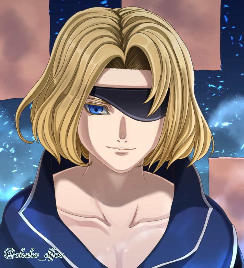 1boy absurdres akaho_(choco_daisuki) blonde_hair blue_eyes commentary_request dissidia_final_fantasy dissidia_final_fantasy_opera_omnia eald'narche eyepatch final_fantasy final_fantasy_xi highres male_focus popped_collar short_hair smile solo twitter_username zilart