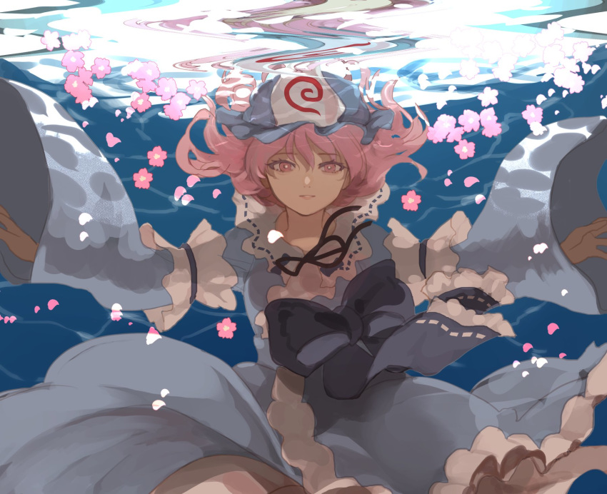 1girl black_bow black_ribbon blue_bow blue_kimono bow cherry_blossoms flower frilled_kimono frills hat highres japanese_clothes joniko1110 kimono long_sleeves mob_cap obi pink_eyes pink_hair ribbon saigyouji_yuyuko sash short_hair sinking submerged touhou triangular_headpiece underwater water wavy_hair wide_sleeves