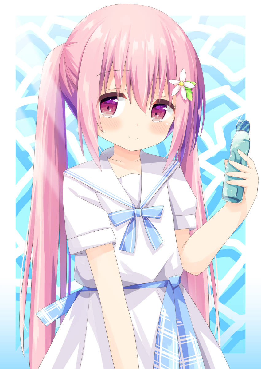 1girl absurdres bangs blue_bow blush bottle bow closed_mouth commentary_request dress eyebrows_visible_through_hair flower hair_between_eyes hair_flower hair_ornament hand_up highres holding holding_bottle long_hair looking_at_viewer nakkar original pink_hair ramune red_eyes sailor_collar sailor_dress short_sleeves sidelocks smile solo striped striped_bow twintails very_long_hair white_dress white_flower white_sailor_collar
