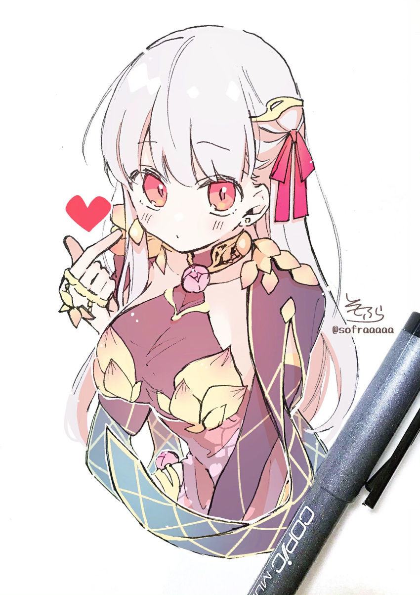 1girl bangs blush bow closed_mouth cropped_torso detached_sleeves dress eyebrows_visible_through_hair fate/grand_order fate_(series) grey_hair hair_between_eyes hair_bow highres kama_(fate/grand_order) long_sleeves looking_at_viewer photo purple_dress red_bow red_eyes signature simple_background sleeveless sleeveless_dress sofra solo traditional_media twitter_username upper_body white_background