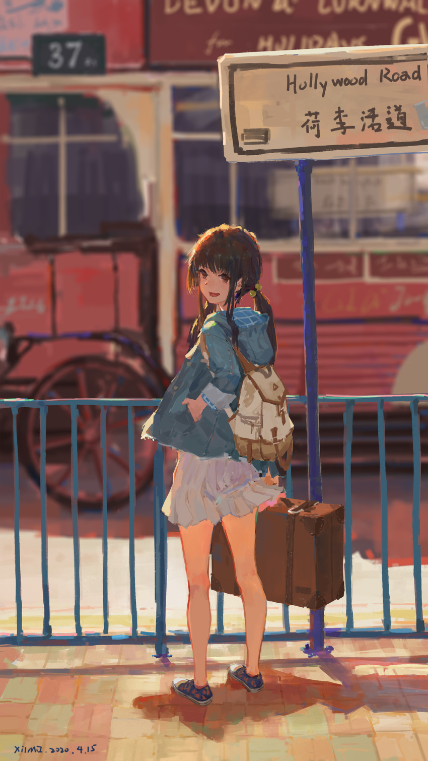 1girl absurdres backpack bag blue_footwear brick_floor bus dated denim denim_jacket dress english_text ground_vehicle highres looking_at_viewer looking_back medium_hair motor_vehicle original railing road short_dress sign signature signpost suitcase white_dress xilmo