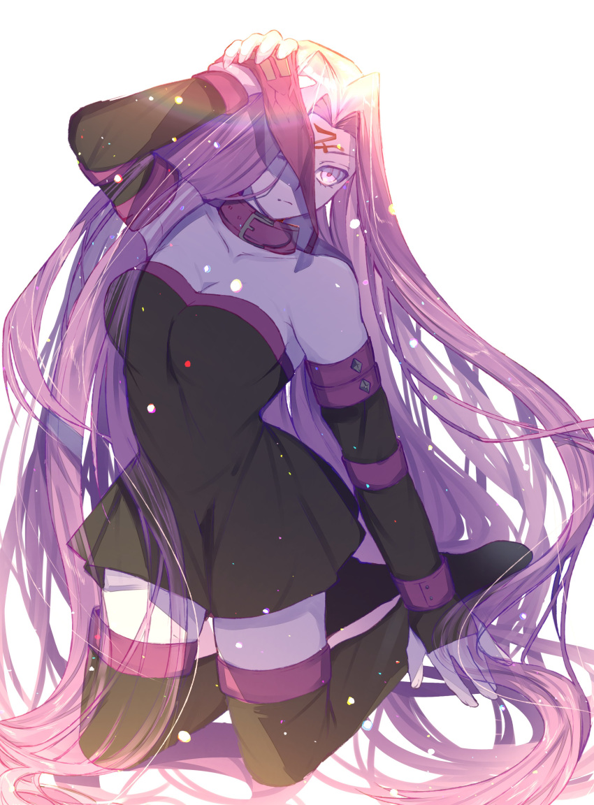 1girl absurdres black_dress black_footwear black_sleeves blindfold blindfold_removed boots collar creat detached_sleeves dress facial_mark fate/stay_night fate_(series) forehead_mark highres holding_blindfold long_hair long_sleeves one_eye_closed purple_collar purple_hair rider short_dress sleeveless sleeveless_dress solo square_pupils thigh-highs thigh_boots very_long_hair