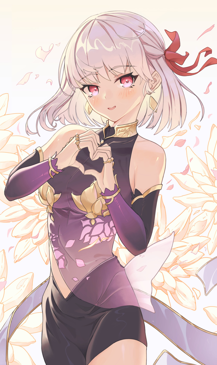 1girl absurdres armlet armor bangs bare_shoulders bikini_armor blush bracelet breasts collar detached_sleeves dress earrings fate/grand_order fate_(series) floral_print hair_ribbon heart heart_hands highres hyunwoo jewelry kama_(fate/grand_order) looking_at_viewer metal_collar miniskirt open_mouth pelvic_curtain petals purple_dress purple_skirt purple_sleeves red_eyes red_ribbon ribbon ring short_hair silver_hair skirt small_breasts smile thigh-highs thighs
