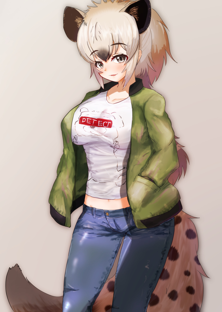 1girl akaisuto alternate_costume animal_ears bangs black_hair breasts brown_hair buttons casual clothes_writing collarbone contemporary denim extra_ears eyebrows_visible_through_hair fur grey_eyes grey_hair hair_between_eyes hand_in_pocket highres hyena_ears hyena_tail jacket jeans kemono_friends large_breasts long_hair long_sleeves looking_at_viewer midriff multicolored_hair navel open_clothes open_jacket pants parted_lips pocket shirt sidelocks smile solo spotted_fur spotted_hyena_(kemono_friends) stomach tail