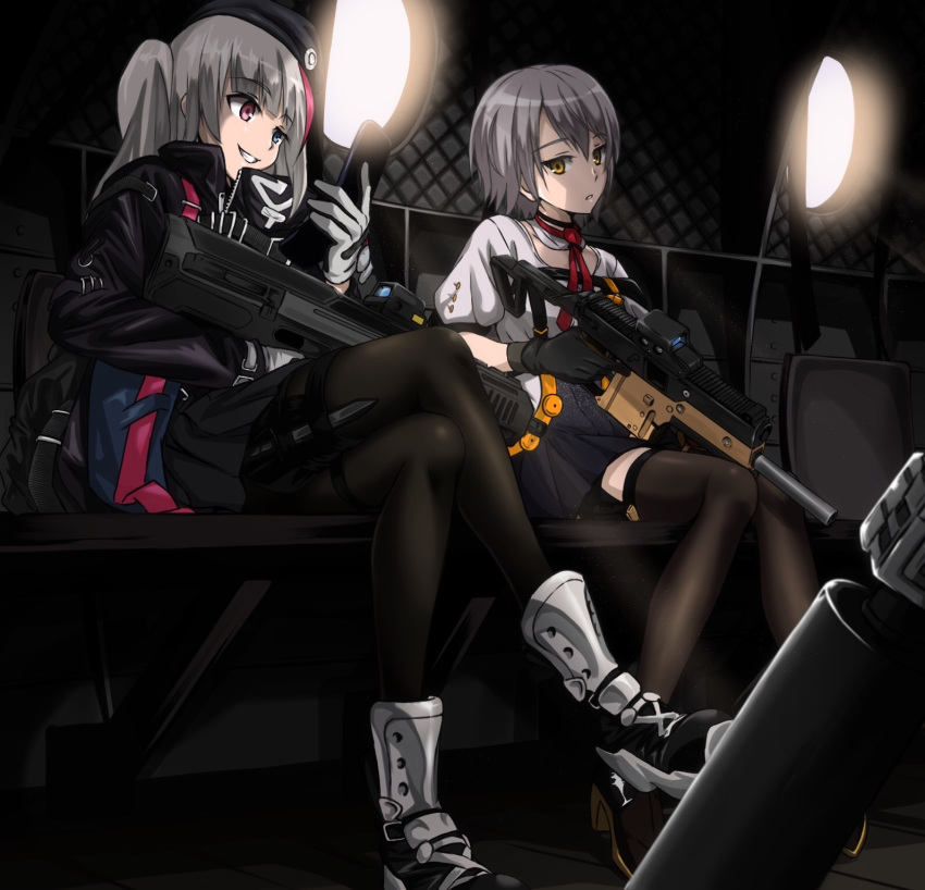 2girls acog aircraft beret cellphone cockpit crossed_legs desert_tech_mdr flip_phone girls_frontline gloves goggle55w gun hat helicopter highres interior kriss_vector mdr_(girls_frontline) multicolored_hair multiple_girls phone shoes sneakers streaked_hair submachine_gun suppressor tactical_clothes thigh-highs vector_(girls_frontline) weapon