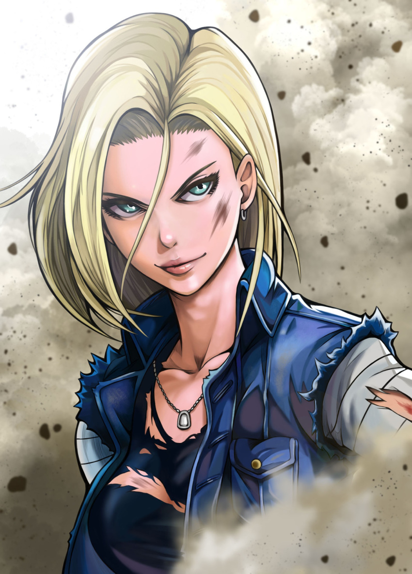 1girl android_18 asymmetrical_hair blonde_hair breasts collarbone denim denim_jacket dirty dirty_face dragon_ball dragon_ball_z dust_cloud earrings eyelashes forehead green_eyes hair_between_eyes highres jewelry lips medium_breasts necklace nose pendant smirk solo to-ru torn_clothes torn_sleeves tsurime upper_body