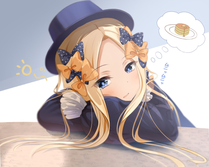 1girl abigail_williams_(fate/grand_order) bangs black_bow black_dress black_headwear blonde_hair blue_eyes blush bow dress fate/grand_order fate_(series) food forehead hair_bow hat long_hair looking_at_viewer multiple_bows open_mouth orange_bow pancake parted_bangs polka_dot polka_dot_bow ribbed_dress sakazakinchan sleeves_past_fingers sleeves_past_wrists thought_bubble