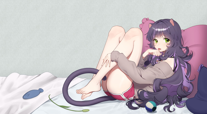 1girl :p absurdres animal_ears bare_legs barefoot boyshort_panties cat_ears cat_tail eyebrows_visible_through_hair feet from_side full_body green_eyes hand_to_own_mouth highres indoors knees_on_chest long_hair looking_at_viewer lying off-shoulder_sweater off_shoulder on_bed original purple_hair rubyaano_(ducl323) solo sweater tail tongue tongue_out very_long_hair