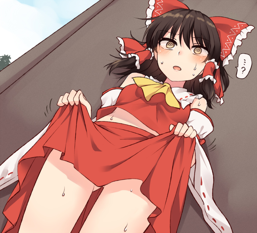 1girl bangs bare_shoulders black_hair bow breasts detached_sleeves hair_bow hakurei_reimu highres hypnosis japanese_clothes long_hair miko mind_control miyo_(ranthath) red_bow red_shirt shirt sidelocks skirt skirt_lift sleeveless sleeveless_shirt small_breasts solo thighs touhou yellow_eyes yellow_neckwear