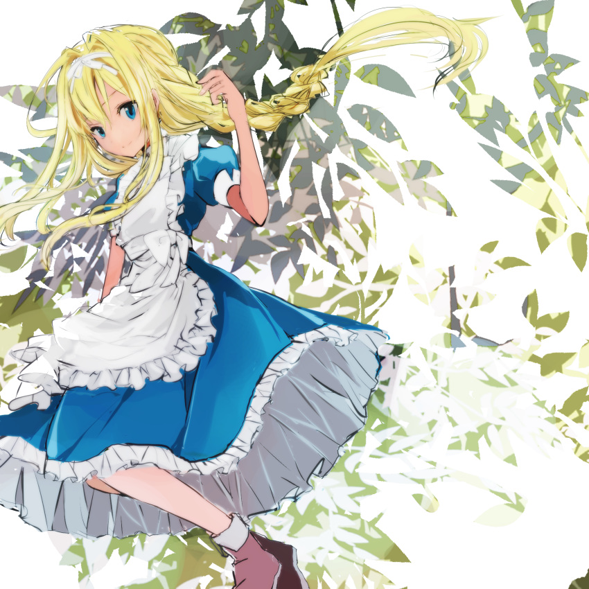 1girl alice_schuberg apron bangs blonde_hair blue_eyes blue_shirt blue_skirt braid braided_ponytail brown_footwear closed_mouth floating_hair frilled_apron frilled_skirt frills hair_between_eyes hair_ribbon hair_tubes hairband highres long_hair long_skirt ponytail ribbon sau_(bluepoper) shirt short_sleeves sidelocks skirt smile solo sword_art_online very_long_hair white_apron white_hairband white_ribbon