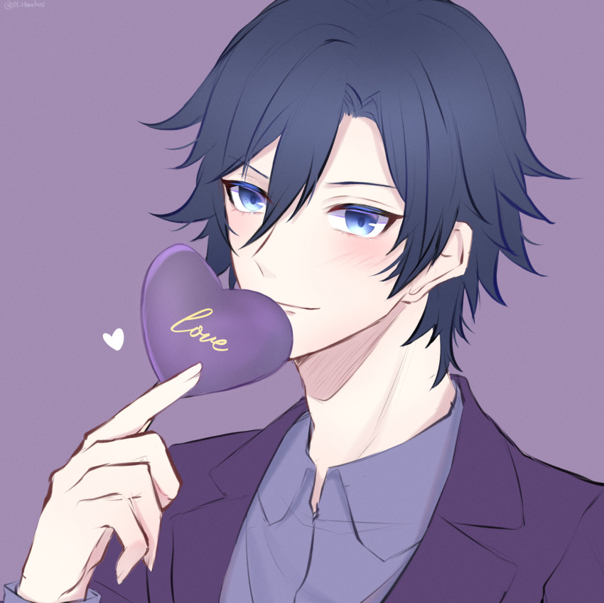 1boy black_hair blue_eyes blush checkered checkered_shirt closed_mouth commentary_request face hair_between_eyes hasu_(selisa) heart highres holding_heart ichinose_tokiya jacket long_sleeves looking_at_viewer male_focus purple_background purple_jacket purple_shirt purple_theme shirt smile solo uta_no_prince-sama violet_eyes