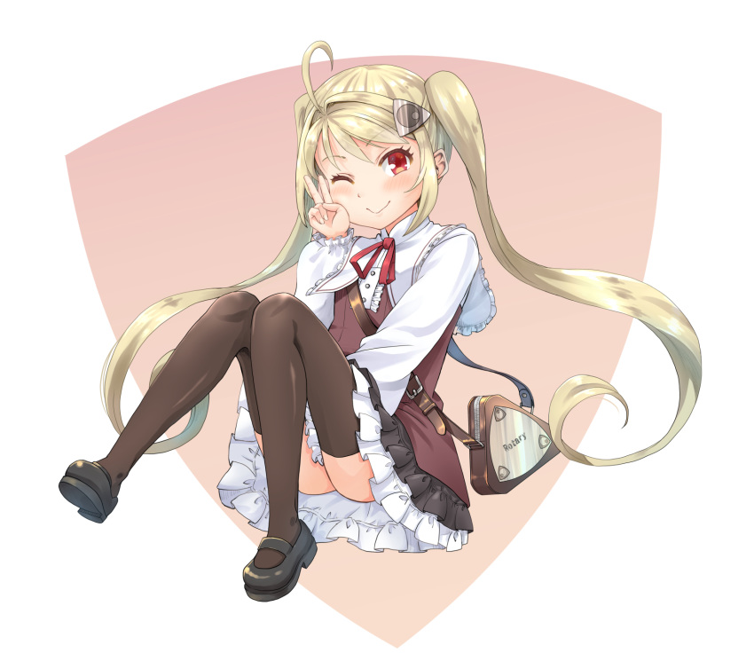 1girl ;) ahoge bag bangs black_footwear blonde_hair blush brown_background brown_dress brown_legwear closed_mouth commentary_request dress eyebrows_visible_through_hair frilled_dress frills full_body hair_intakes hair_ornament hand_up haniwa_(leaf_garden) highres knees_up long_hair long_sleeves mary_janes neck_ribbon one_eye_closed original puffy_long_sleeves puffy_sleeves red_eyes red_ribbon ribbon shirt shoes shoulder_bag sleeveless sleeveless_dress smile thigh-highs twintails two-tone_background v very_long_hair white_background white_shirt