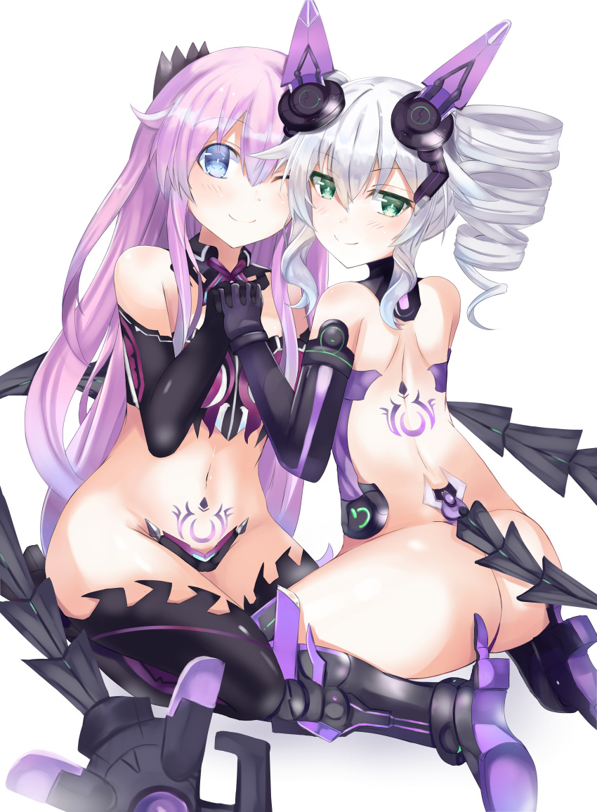 2girls absurdres armor bikini_armor bimmy black_sister_(chaos_form) blue_eyes blush boots collar commentary drill_hair english_commentary eyebrows_visible_through_hair green_eyes hair_between_eyes headgear highres holding_hands huge_filesize long_hair looking_at_viewer mechanical_tail multiple_girls nepnep_connect:_chaos_chanpuru neptune_(series) one_eye_closed power_symbol pubic_tattoo purple_hair purple_sister_(chaos_form) simple_background smile symbol-shaped_pupils tail tattoo thigh-highs thigh_boots twin_drills white_background white_hair