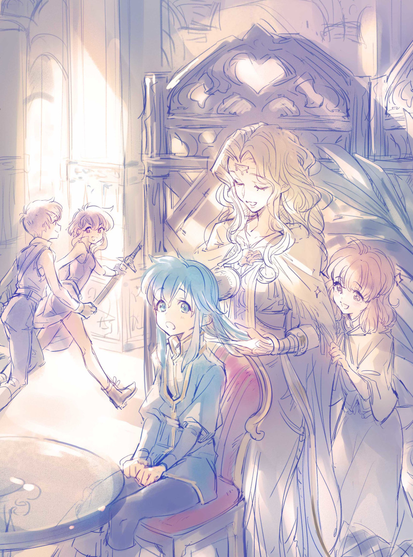 2boys 3girls :o absurdres blonde_hair blue_hair bomssp brushing_another's_hair cape circlet dress edain_(fire_emblem) fire_emblem fire_emblem:_genealogy_of_the_holy_war hair_brushing hands_on_lap highres lana_(fire_emblem) larcei_(fire_emblem) long_hair medium_hair multiple_boys multiple_girls nintendo open_mouth running seliph_(fire_emblem) sitting sketch smile sword ulster_(fire_emblem) wavy_hair weapon