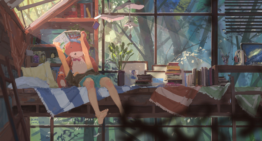 1girl bed black_shirt blue_shorts book breasts bunk_bed hanging_legs highres holding_up lying original plant potted_plant reading shirt shorts small_breasts stuffed_animal stuffed_toy tagme teddy_bear xilmo