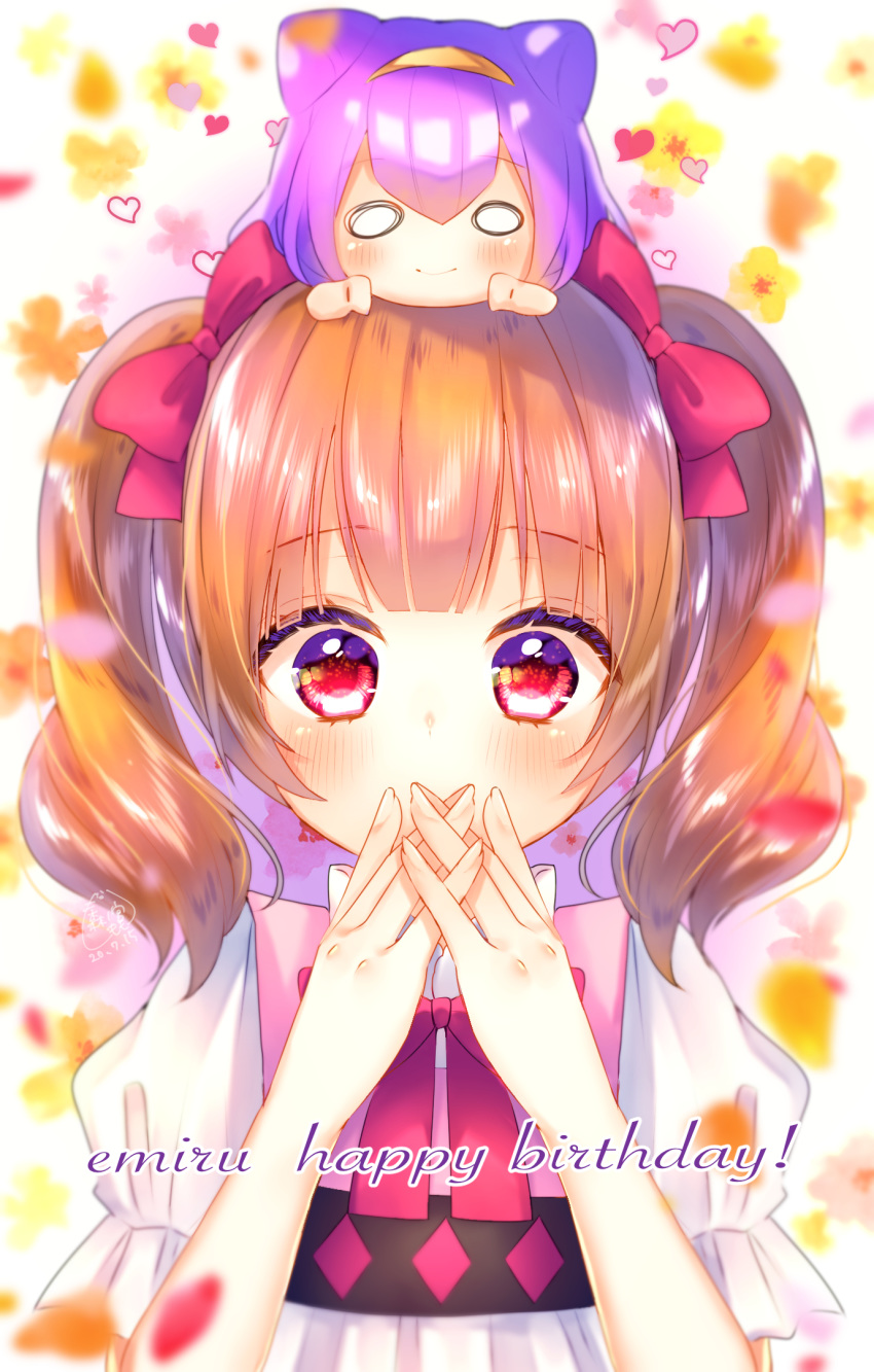 2girls aisaki_emiru bangs blush bow brown_hair brown_hairband chibi chibi_on_head closed_mouth commentary covered_mouth dress eyebrows_visible_through_hair floral_background hair_between_eyes hair_bow hairband hands_together hands_up heart highres hugtto!_precure interlocked_fingers looking_at_viewer multiple_girls o_o on_head precure puffy_short_sleeves puffy_sleeves purple_hair red_bow red_eyes ruru_amour short_sleeves signature smile twintails upper_body white_background white_dress xx_momomo_xx