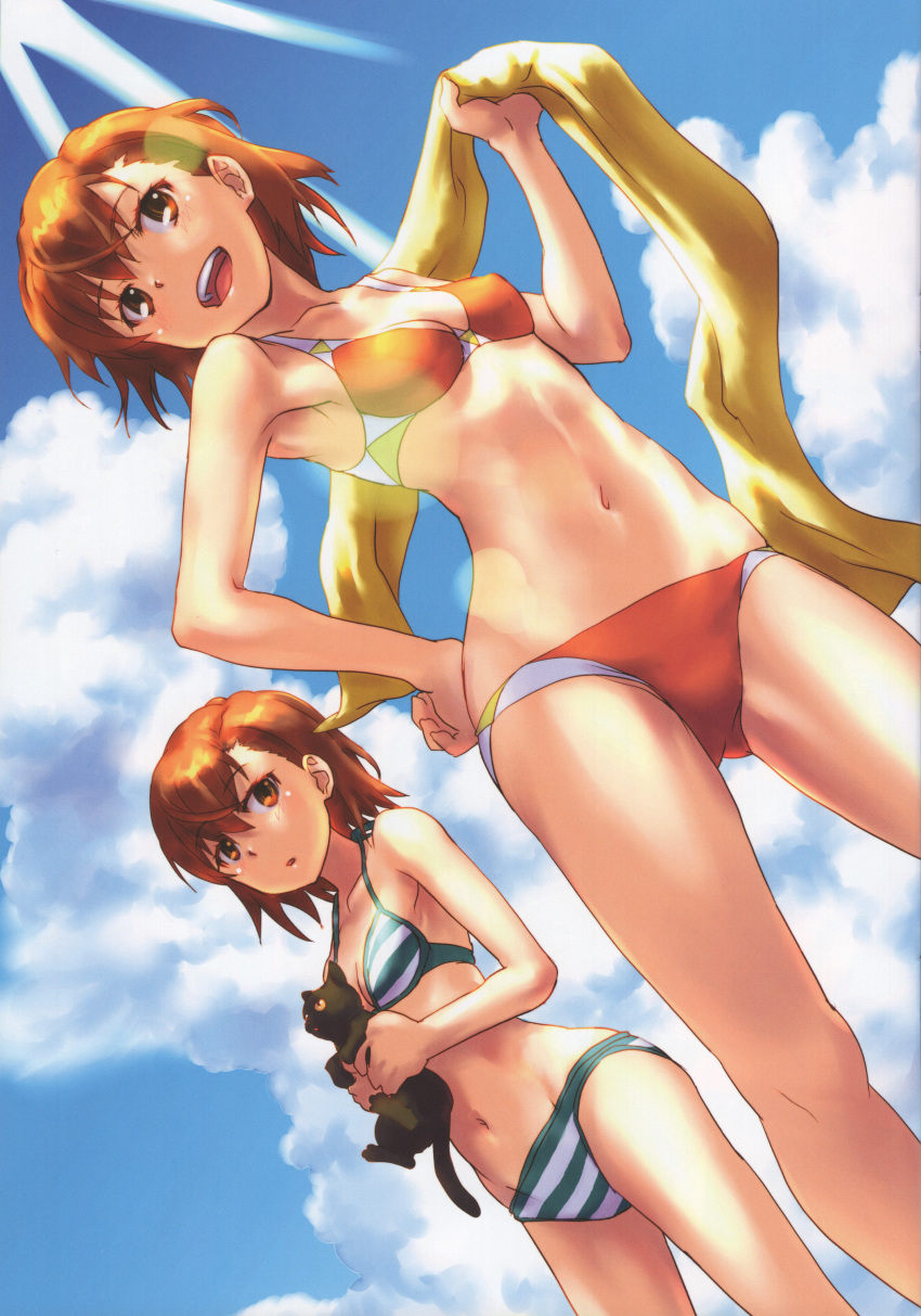 2girls absurdres animal armpits ass_visible_through_thighs bangs bikini black_cat blue_sky blush breasts brown_eyes brown_hair cat clouds day dutch_angle eyebrows eyebrows_visible_through_hair groin hand_on_hip highres holding holding_animal holding_cat huge_filesize legs_apart lens_flare looking_at_another looking_to_the_side misaka_imouto misaka_imouto_10032's_cat misaka_mikoto multiple_girls navel open_mouth outdoors raika9 red_bikini scan short_hair sky small_breasts smile standing stomach striped striped_bikini summer sun swimsuit to_aru_kagaku_no_railgun to_aru_majutsu_no_index