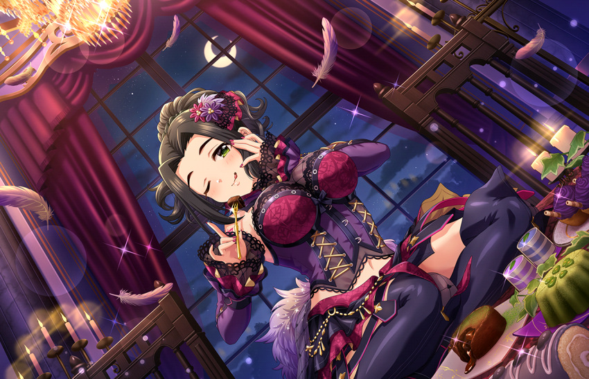 black_hair blush boots cake candle chain chandelier corset crescent_moon cupcake curtains dessert detached_sleeves dress eating ebihara_naho feathers fluffy_tail fork frilled_bra gold_ribbon green_eyes hand_on_own_face idolmaster_cinderella_girls_starlight_stage knee_boots lace-trimmed_bra lace-trimmed_gloves lace-trimmed_hair_ornament leather_boots licking_lips lingerie long_hair mansion moon ponytail purple_corset purple_lingerie purple_sleeves sitting sitting_on_table smile tongue tongue_out updo window wink zettai_ryouiki