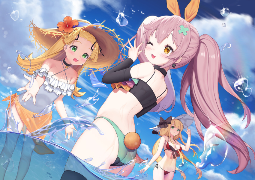 1girl 3girls :3 :o absurdres animal_ears arm_up ass bandaid bandaid_on_head bangs bare_arms bare_legs bare_shoulders bikini black_bikini black_bow black_choker black_legwear black_ribbon black_sleeves blonde_hair blue_oath blue_sky blush bow breasts bunny_tail choker clouds cloudy_sky collarbone copyright_request covered_navel day detached_sleeves earrings eyebrows_visible_through_hair fake_animal_ears fake_tail fang flower frilled_swimsuit frills from_below green_bikini green_eyes grey_swimsuit hair_ornament hair_ribbon hand_up hat hat_bow hat_flower highres jewelry long_hair long_sleeves looking_at_viewer looking_back multicolored multicolored_bikini multicolored_clothes multiple_girls navel ocean off_shoulder one_eye_closed open_mouth orange_ribbon orange_skirt outdoors rabbit_ears red_bikini red_flower ribbon short_sleeves skirt sky small_breasts smile splashing straw_hat sun_hat swimsuit tail thigh-highs twintails upper_teeth wading water water_drop white_headwear wrist_cuffs yuri_(chocho_q)