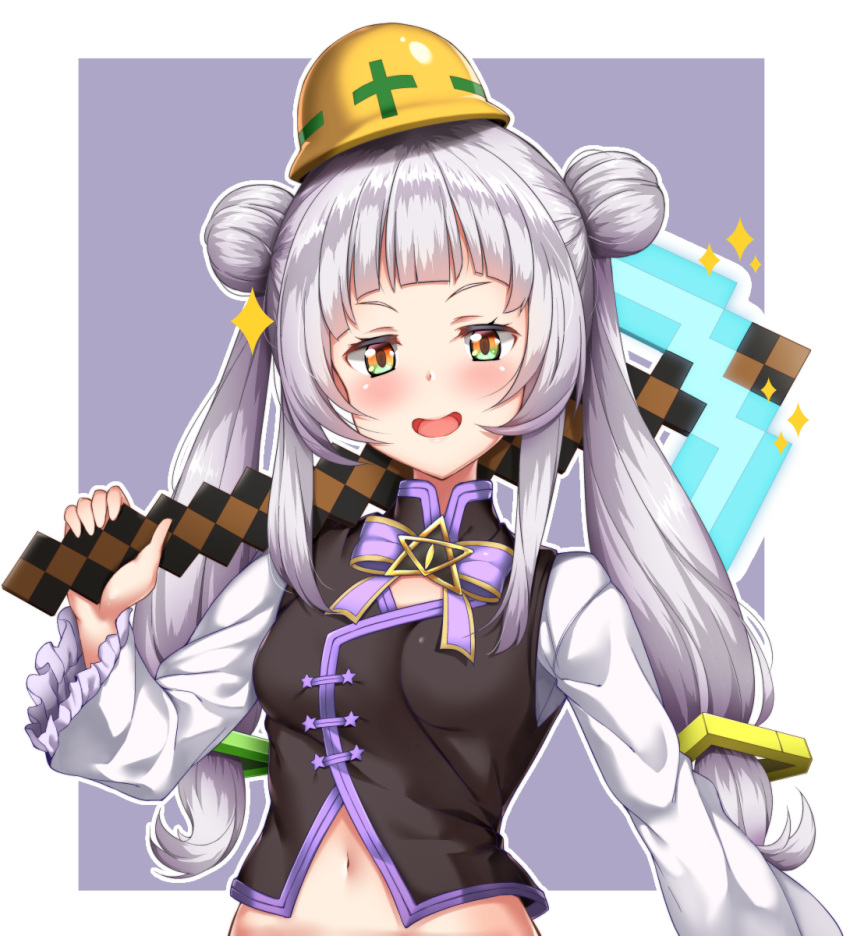 1girl :d black_shirt blush bow breasts brown_eyes commentary_request double_bun hair_ornament highres hololive kuragari long_hair long_sleeves looking_at_viewer minecraft murasaki_shion navel open_mouth pickaxe purple_background purple_bow shirt silver_hair sleeveless sleeveless_shirt small_breasts smile solo sparkle star_(symbol) twintails two-tone_background upper_body v-shaped_eyebrows very_long_hair virtual_youtuber white_background wide_sleeves