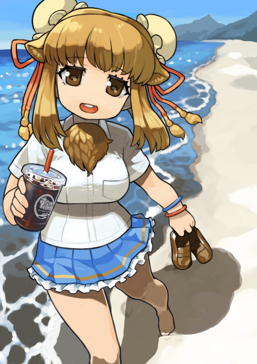 1girl :d bactrian_camel_(kemono_friends) barefoot beach breast_pocket brown_eyes brown_hair bun_cover commentary_request cup day disposable_cup double_bun drinking_straw eyebrows_visible_through_hair frilled_skirt frills highres holding holding_shoes horizontal_pupils kemono_friends looking_at_viewer medium_hair open_mouth outdoors pocket rinx round_teeth sand shirt shoes shoes_removed short_sleeves skirt smile solo teeth upper_teeth water white_shirt