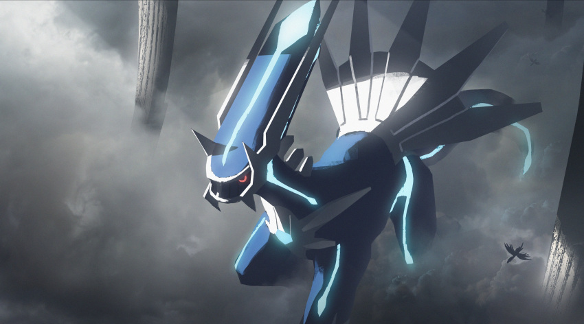 absurdres asteroid_ill clouds dialga fog gen_2_pokemon gen_4_pokemon highres legendary_pokemon mythical_pokemon neon_trim no_humans pillar pokemon pokemon_(creature) red_eyes scenery size_difference skarmory