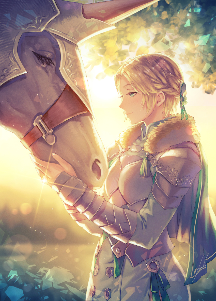 1girl absurdres anbe_yoshirou armor blonde_hair cape closed_mouth fire_emblem fire_emblem:_three_houses from_side green_cape green_eyes highres horns huge_filesize ingrid_brandl_galatea pegasus single_horn smile upper_body