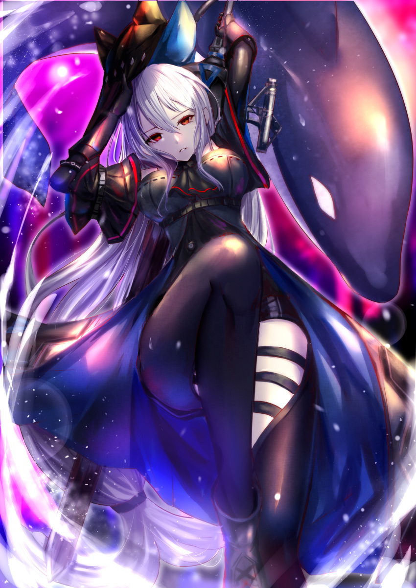 1girl absurdres arknights arms_up bangs black_legwear black_shorts breasts floating_hair hair_between_eyes highres holding holding_weapon long_hair medium_breasts nana_(sam900321) parted_lips red_eyes short_shorts shorts silver_hair skadi_(arknights) solo thigh_strap very_long_hair weapon