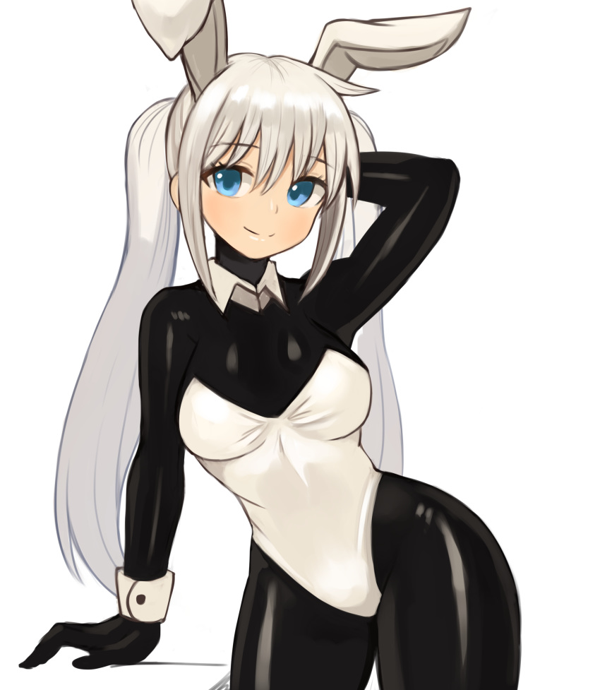 1girl absurdres animal_ears arm_support black_bodysuit blue_eyes bodysuit breasts bunnysuit closed_mouth eyebrows_visible_through_hair hair_between_eyes hand_behind_head highres leotard long_hair rabbit_ears sidelocks simple_background smile solo sookmo standing twintails white_background white_leotard