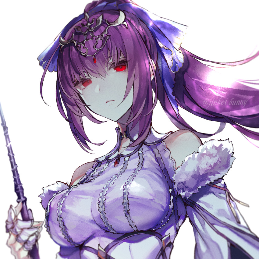 1girl artist_name bangs breasts dress expressionless fate/grand_order fate_(series) fur-trimmed_dress fur_trim hair_between_eyes headpiece highres holding holding_wand jinkei large_breasts looking_at_viewer purple_dress purple_hair purple_ribbon red_eyes ribbon scathach_(fate)_(all) scathach_skadi_(fate/grand_order) solo tiara wand