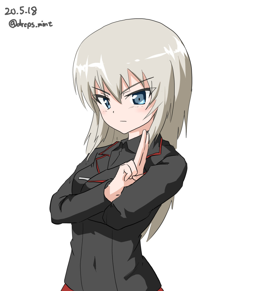 1girl absurdres bangs black_jacket black_shirt blue_eyes closed_mouth commentary cowboy_shot dated dragon_ball dragon_ball_z dress_shirt drops_mint girls_und_panzer highres itsumi_erika jacket kuromorimine_military_uniform light_frown long_hair long_sleeves looking_at_viewer military military_uniform parody salute shirt silver_hair simple_background solo twitter_username two-finger_salute uniform v-shaped_eyebrows white_background wing_collar