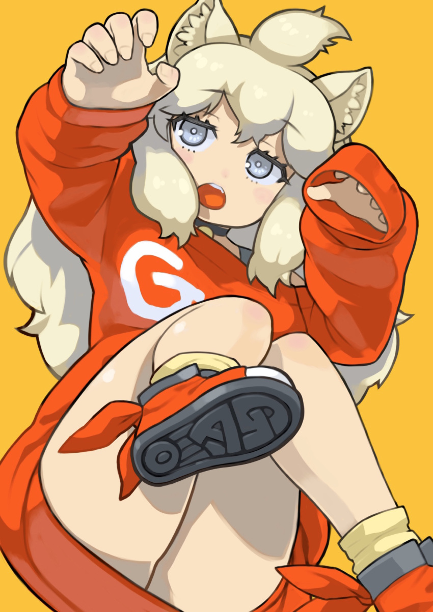 1girl :o alternate_costume animal_ear_fluff animal_ears black_choker blonde_hair choker claw_pose clothes commentary_request eyebrows_visible_through_hair gao grey_eyes hands_up highres kemono_friends lion_ears long_hair long_sleeves rinx shoe_soles simple_background sleeves_past_fingers sleeves_past_wrists solo white_lion_(kemono_friends) yellow_background