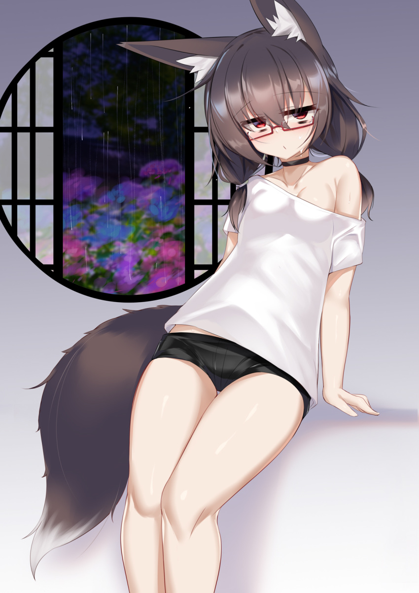 1girl animal_ear_fluff animal_ears bangs breasts choker eyebrows_visible_through_hair fox_ears fox_tail glasses highres invisible_chair kutan long_hair looking_at_viewer original red-framed_eyewear red_eyes semi-rimless_eyewear short_shorts short_twintails shorts sitting small_breasts solo tail twintails