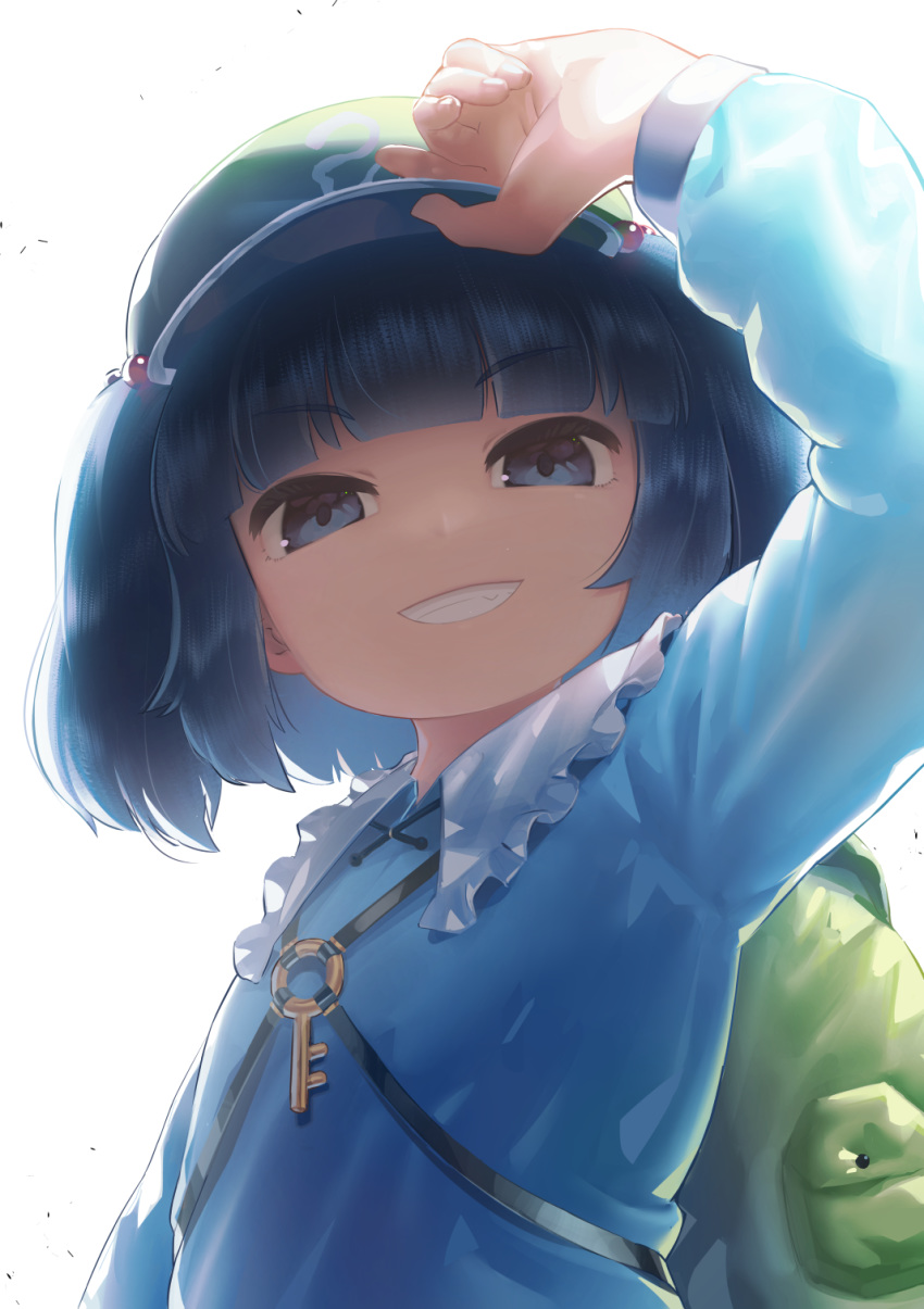 1girl arm_up backpack bag bangs blue_dress blue_eyes blue_hair blunt_bangs collared_dress commentary_request dress flat_cap frilled_shirt_collar frills green_headwear grin hair_bobbles hair_ornament hand_on_headwear hat highres kawashiro_nitori key long_sleeves looking_at_viewer monosenbei simple_background smile solo touhou two_side_up upper_body v-shaped_eyebrows white_background
