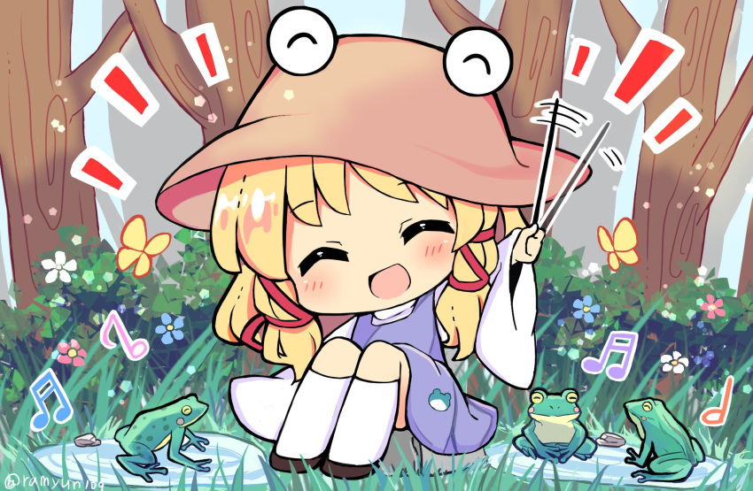 1girl animal_print baton_(instrument) beamed_sixteenth_notes black_hair blonde_hair blush brown_hair bug butterfly chibi closed_eyes commentary eighth_note flower forest frog frog_print hand_up hat highres holding insect knees_up long_sleeves medium_hair moriya_suwako musical_note nature open_mouth outdoors purple_skirt purple_vest ramudia_(lamyun) shirt shoes sitting skirt smile socks touhou tree twitter_username vest white_legwear white_shirt wide_sleeves