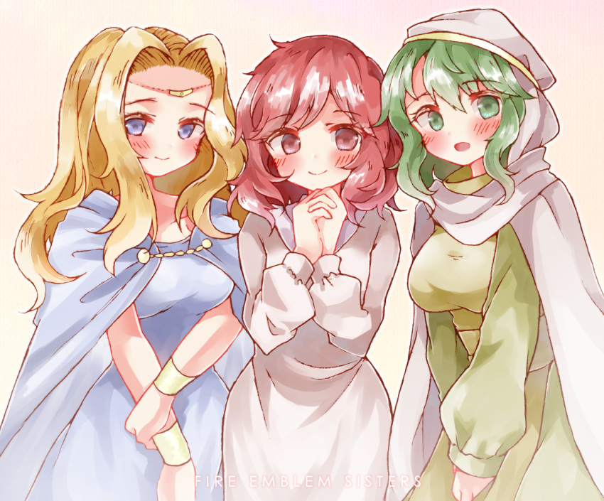 3girls blonde_hair blue_eyes blush cape circlet crossed_arms dress edain_(fire_emblem) fire_emblem fire_emblem:_genealogy_of_the_holy_war fire_emblem:_mystery_of_the_emblem fire_emblem:_thracia_776 green_eyes green_hair hands_clasped jewelry lena_(fire_emblem) long_hair long_sleeves looking_at_viewer medium_hair multiple_girls open_mouth own_hands_together red_eyes redhead safi_(fire_emblem) smile sui_(aruko91)