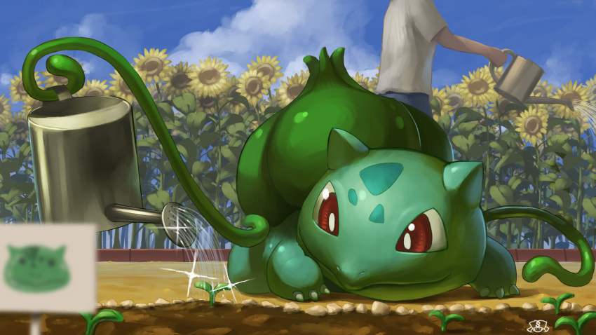 bulbasaur character_print closed_mouth clouds commentary_request day flower gen_1_pokemon highres outdoors plant pokemon pokemon_(creature) red_eyes shirt short_sleeves sky soil sparkle sprout sunflower supearibu vines water watering_can white_shirt