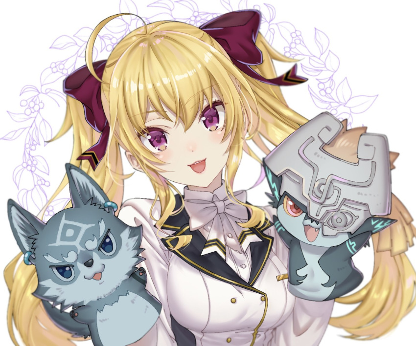 1girl :d ahoge blazer blonde_hair bow bowtie breasts commentary crossover eyebrows_visible_through_hair hair_between_eyes hair_bow hand_puppet highres jacket link_(wolf) long_hair looking_at_viewer medium_breasts midna nijisanji open_mouth puppet shirt shuri_(84k) simple_background smile solo takamiya_rion the_legend_of_zelda the_legend_of_zelda:_twilight_princess twintails uniform upper_body violet_eyes virtual_youtuber white_background white_jacket white_neckwear white_shirt