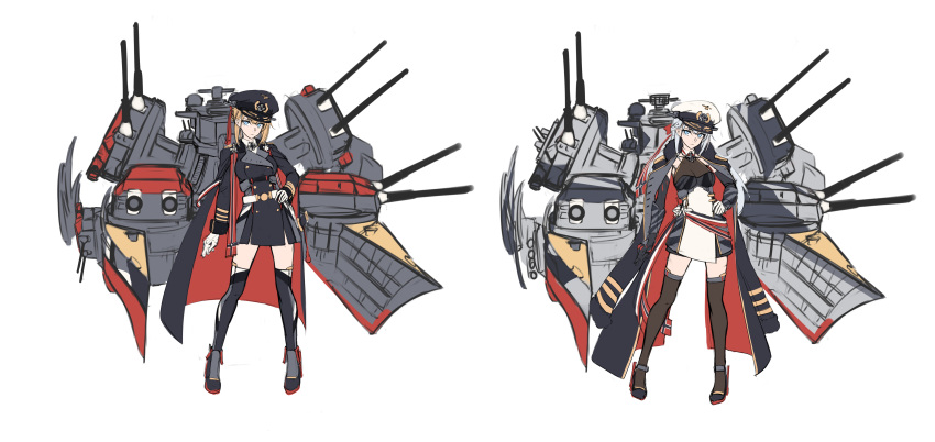 1girl absurdres baek_hyang bangs blue_oath braid breasts coat coat_on_shoulders concept_art dress elbow_gloves gloves hair_between_eyes hair_ribbon hat highres holding holding_sword holding_weapon large_breasts long_hair long_sleeves looking_at_viewer military military_coat military_hat military_uniform multiple_views original peaked_cap ribbon rigging sidelocks silver_hair sword thigh-highs thighs uniform weapon
