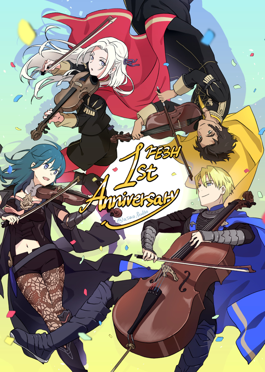 2boys 2girls anniversary asao_(vc) black_shorts blonde_hair blue_cape blue_eyes blue_hair brown_hair byleth_(fire_emblem) byleth_eisner_(female) byleth_eisner_(female) cape cello claude_von_riegan closed_mouth confetti dark_skin dark_skinned_male dimitri_alexandre_blaiddyd edelgard_von_hresvelg female_my_unit_(fire_emblem:_three_houses) fire_emblem fire_emblem:_three_houses fire_emblem:_three_houses fire_emblem_16 from_side garreg_mach_monastery_uniform green_eyes hair_ribbon highres holding instrument intelligent_systems long_hair long_sleeves looking_to_the_side multiple_boys multiple_girls my_unit_(fire_emblem:_three_houses) navel_cutout nintendo open_mouth orchestra pantyhose parted_lips red_cape ribbon short_hair shorts smile twitter_username uniform upside-down violet_eyes violin white_hair yellow_cape