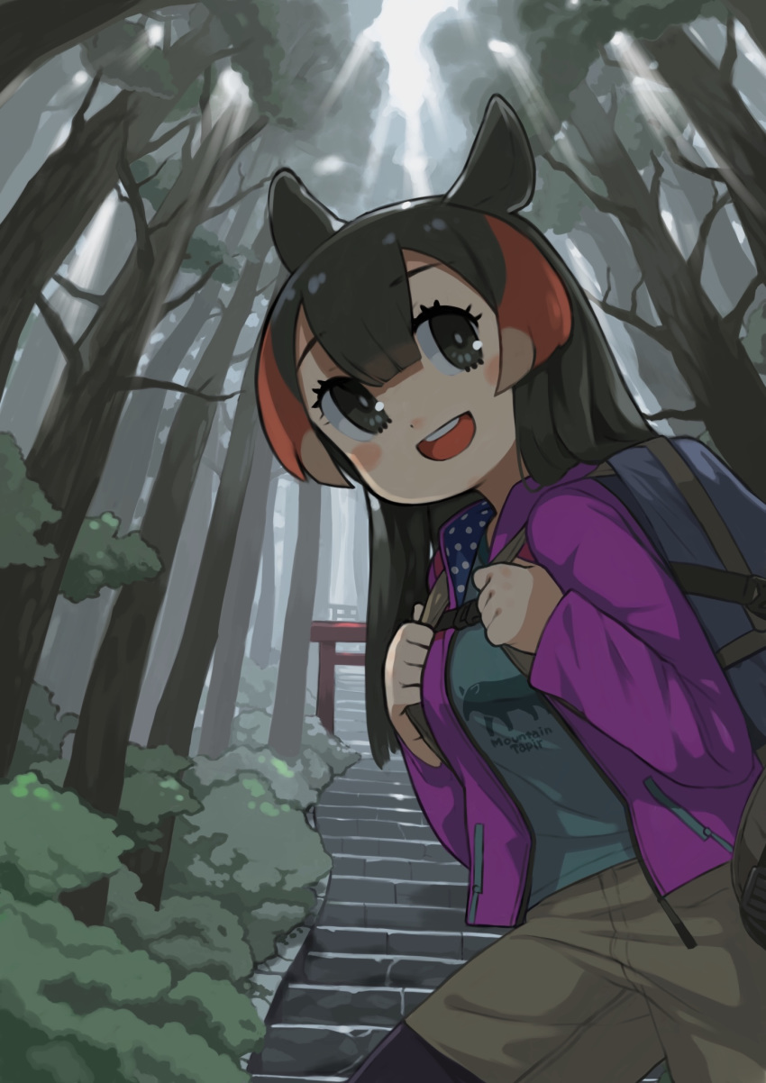 1girl :d alternate_costume backpack bag bangs beige_shorts black_eyes black_hair black_legwear blue_shirt character_name clothes_writing commentary day eyebrows_visible_through_hair forest hair_between_eyes highres holding_strap jacket kemono_friends legwear_under_shorts long_hair long_sleeves looking_at_viewer mountain_tapir_(kemono_friends) nature open_mouth outdoors pantyhose pink_jacket redhead rinx shirt shorts smile solo stairs torii tree upper_teeth