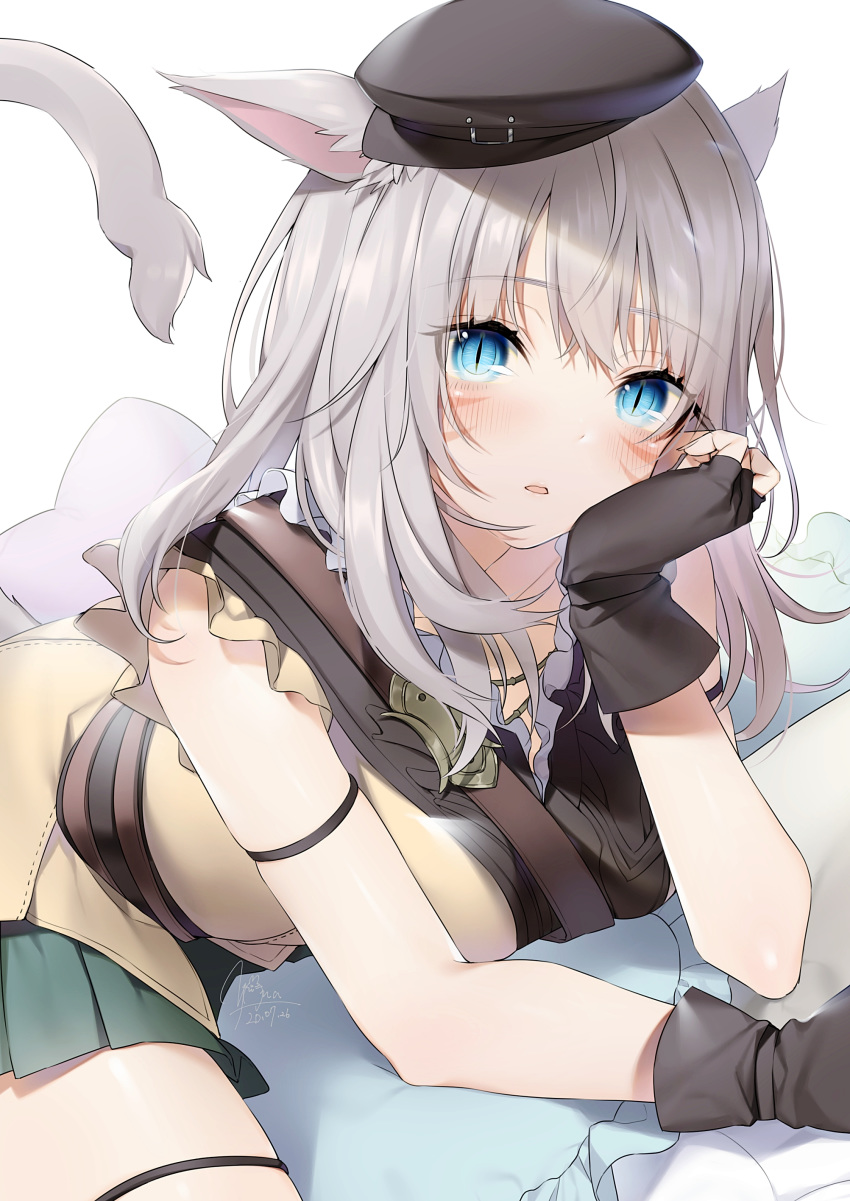 1girl absurdres animal_ears bangs black_gloves blue_eyes blush cat_ears cat_tail eyebrows_visible_through_hair facial_mark final_fantasy final_fantasy_xiv fingerless_gloves gloves grey_hair hat head_on_hand highres long_hair looking_at_viewer miqo'te sleeveless slit_pupils solo tail whisker_markings white_background yana_mori