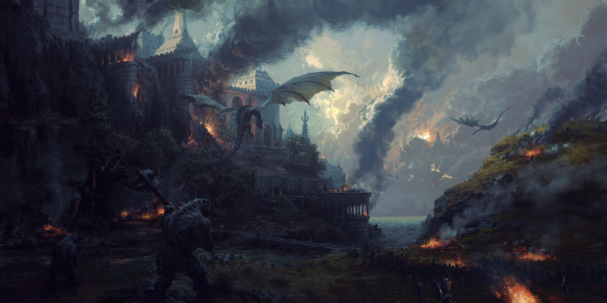 battlefield burning castle clouds cloudy_sky dragon fantasy fire giant highres holding holding_weapon krita_(medium) mountain original outdoors philipp_urlich scenery sky soldier weapon