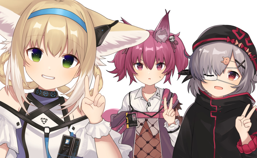 3girls :d animal_ear_fluff animal_ears arknights bangs bare_shoulders black_headwear black_jacket blonde_hair blue_hairband braid breasts collarbone collared_shirt commentary dress_shirt english_commentary eyepatch fox_ears fox_girl fox_tail green_eyes grey_hair hair_between_eyes hair_ornament hair_over_one_eye hair_rings hairband hairclip hand_up highres hiruver jacket long_sleeves looking_at_viewer medical_eyepatch multicolored_hair multiple_girls parted_lips popukar_(arknights) rabbit_hair_ornament red_eyes redhead shamare_(arknights) shirt simple_background small_breasts smile suzuran_(arknights) sweat tail twin_braids twintails two-tone_hair upper_body v white_background white_hair white_shirt x_hair_ornament
